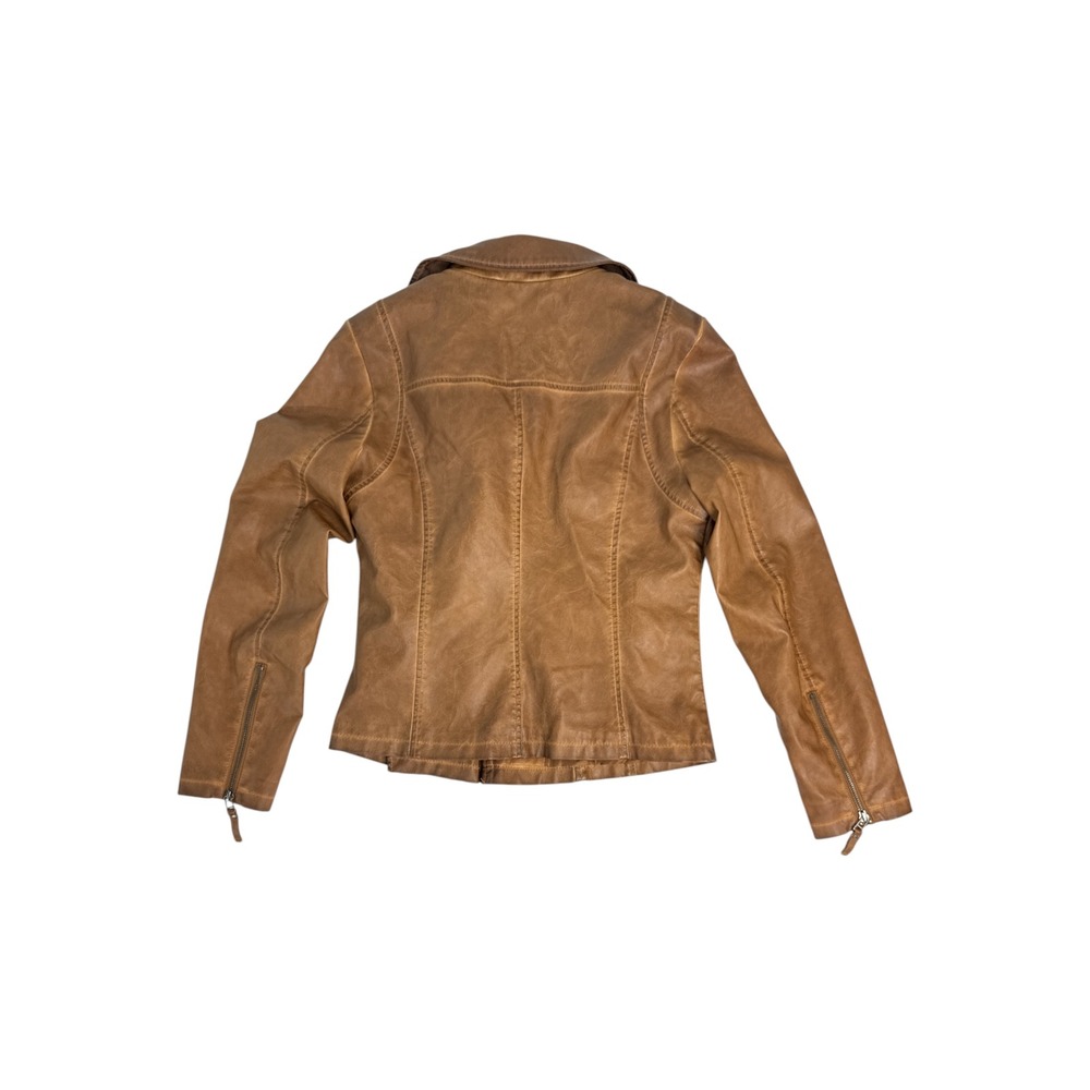 Max Studio Moto Jacket Womens M Cognac Excellent Vegan Leather Distressed Y2K - Picture 3 of 8